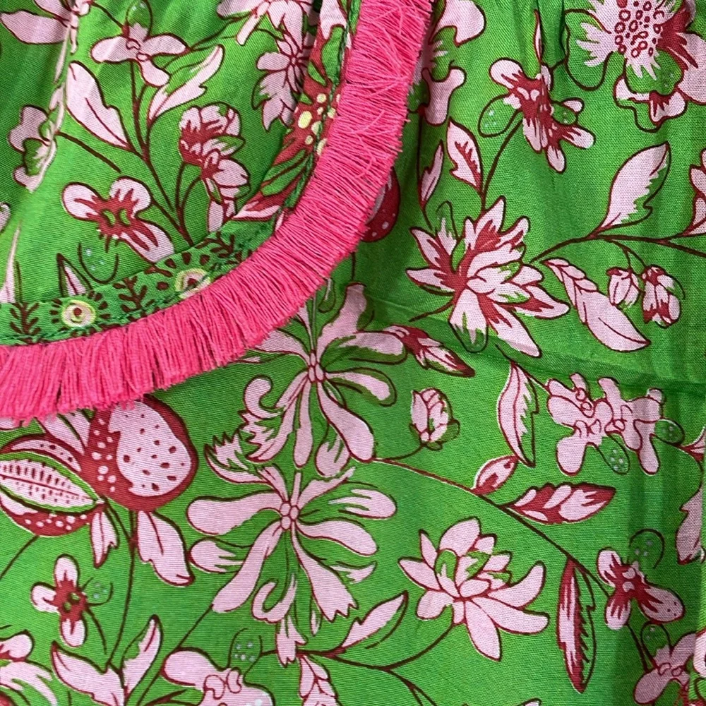 Poupette St Barth Boxer Lulu Shorts Size L Green Floral Pink Fringe Trim EUC - Picture 2 of 11